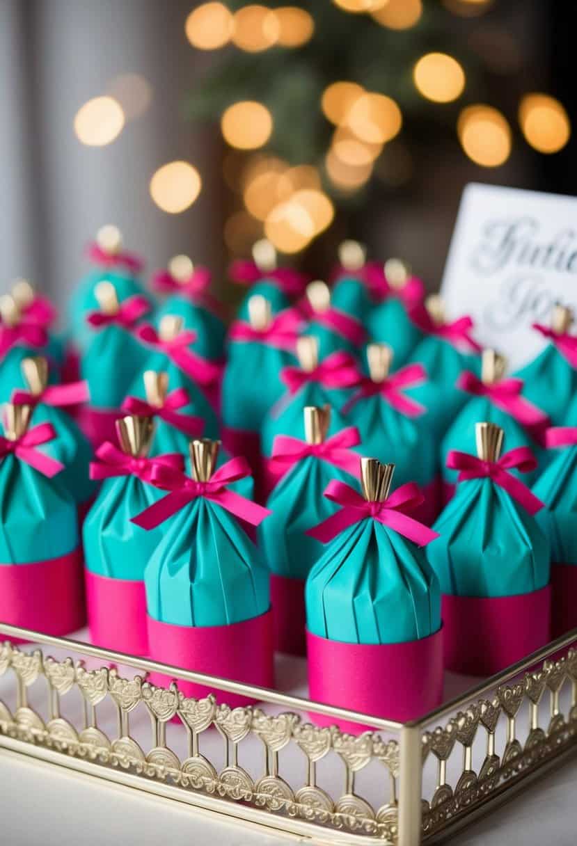 Teal wedding favors wrapped in fuchsia paper, arranged in a decorative display