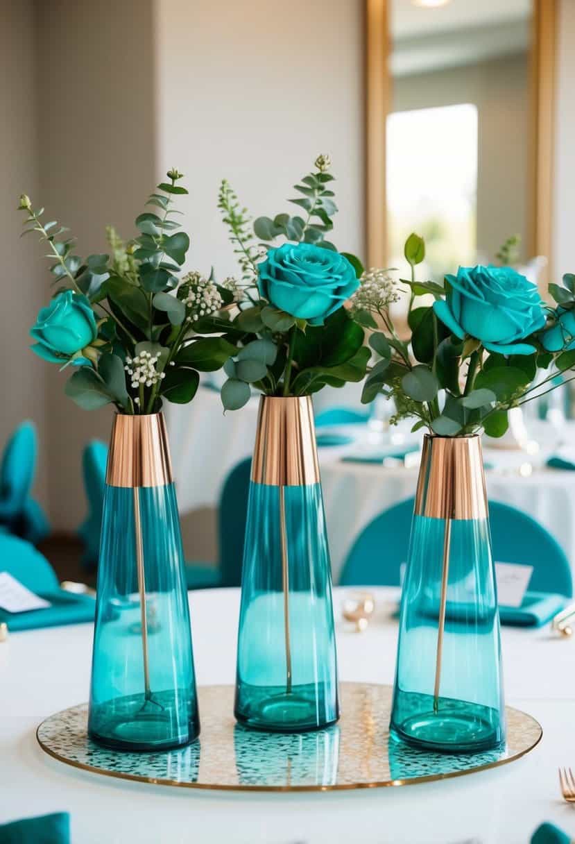 Three teal glass vases with rose gold accents sit on a white table, surrounded by teal wedding decor