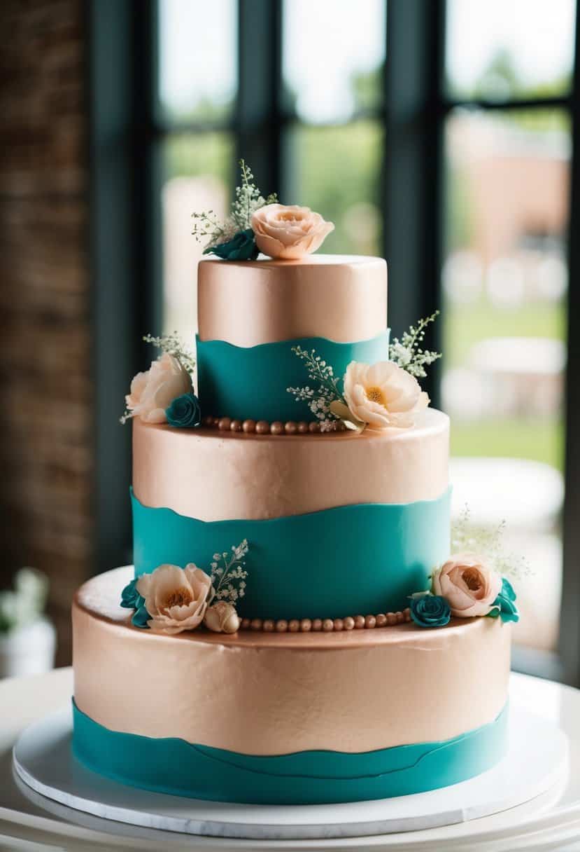 A three-tiered wedding cake with rose gold and teal fondant, adorned with delicate edible flowers and intricate piping designs