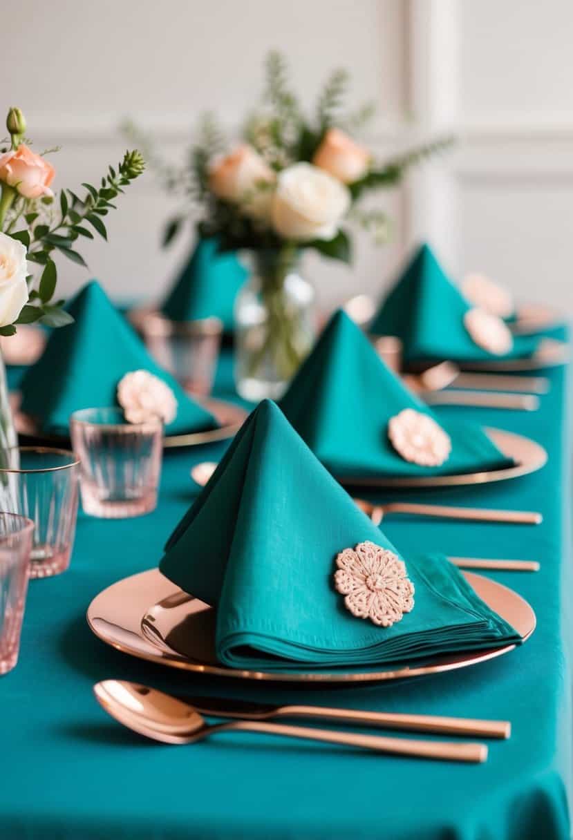 Teal cocktail napkins arranged with rose gold accents for a wedding color palette