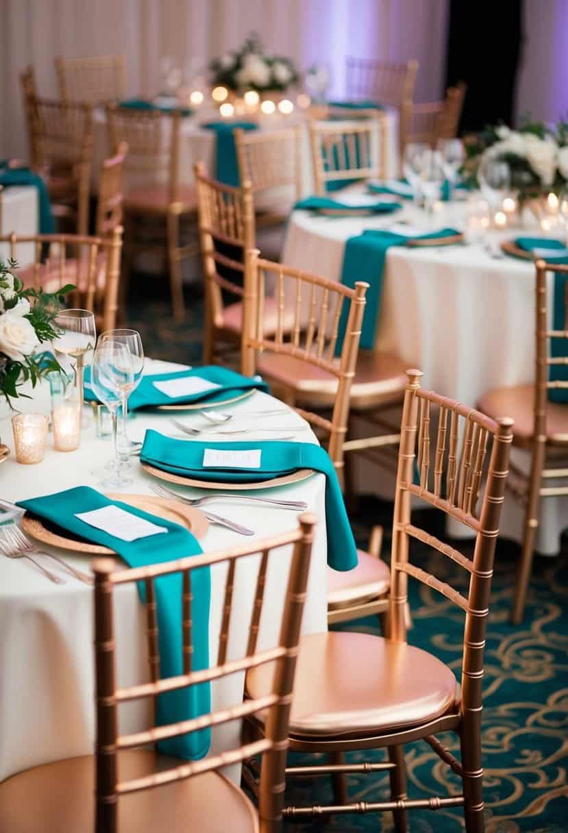 Rose Gold Chivari Chairs arranged with teal table settings for a wedding reception