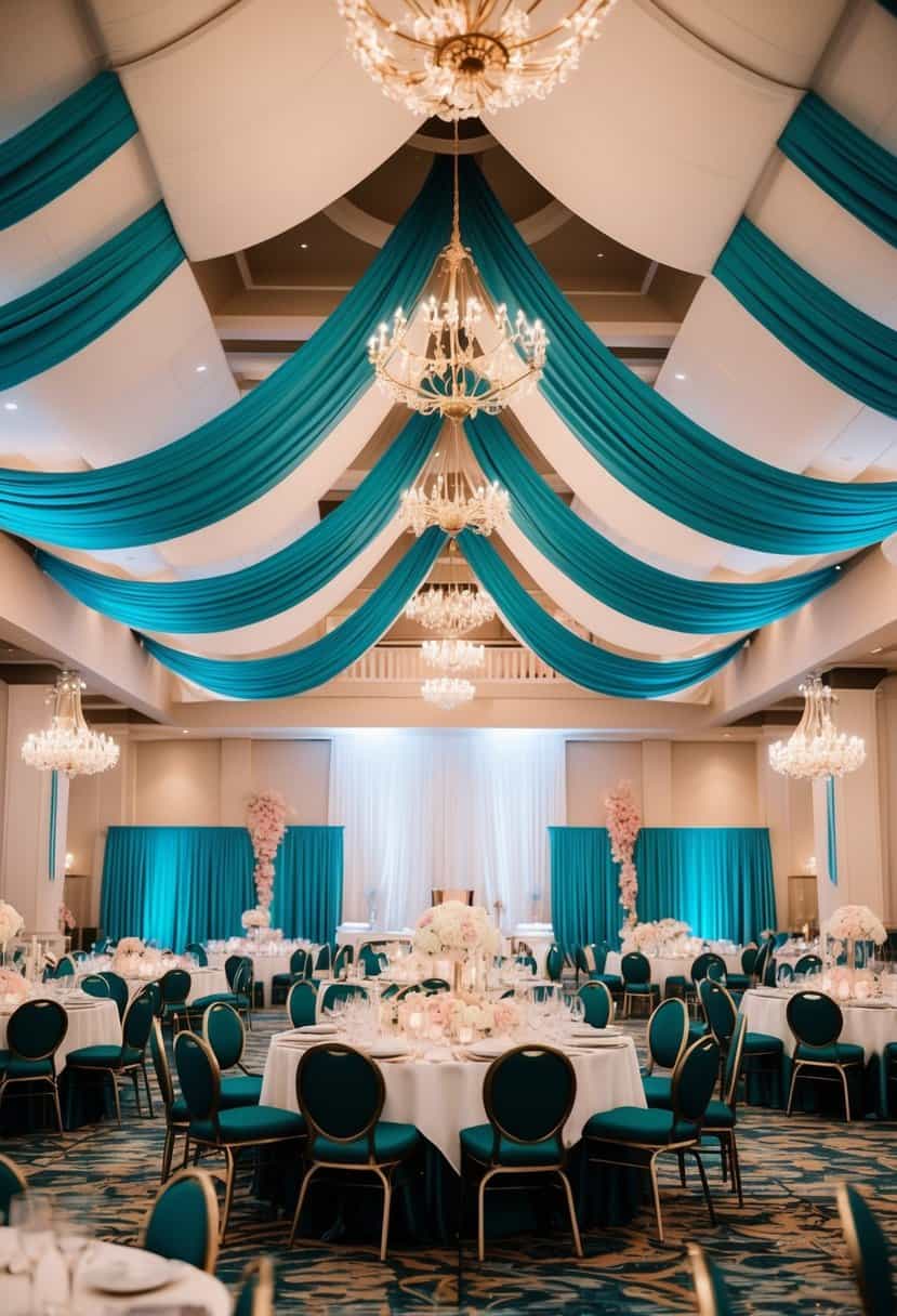 A grand ballroom with a teal draped ceiling, adorned with rose gold accents for a luxurious wedding setting