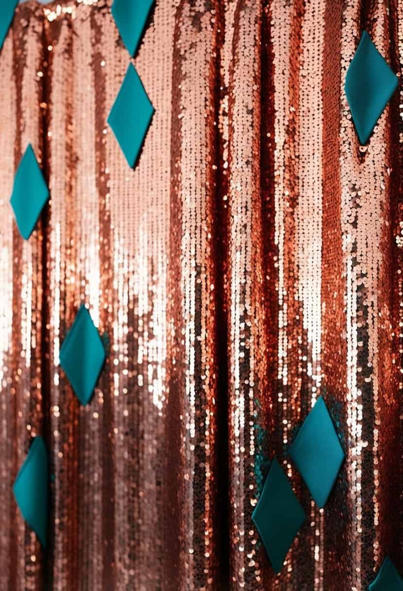 A shimmering rose gold sequin backdrop with teal accents