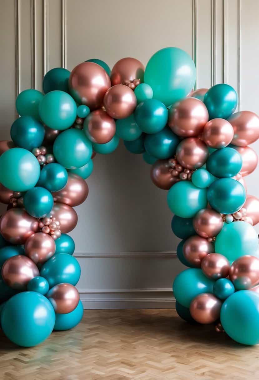 A grand arch of teal and rose gold balloons, creating a stunning wedding backdrop