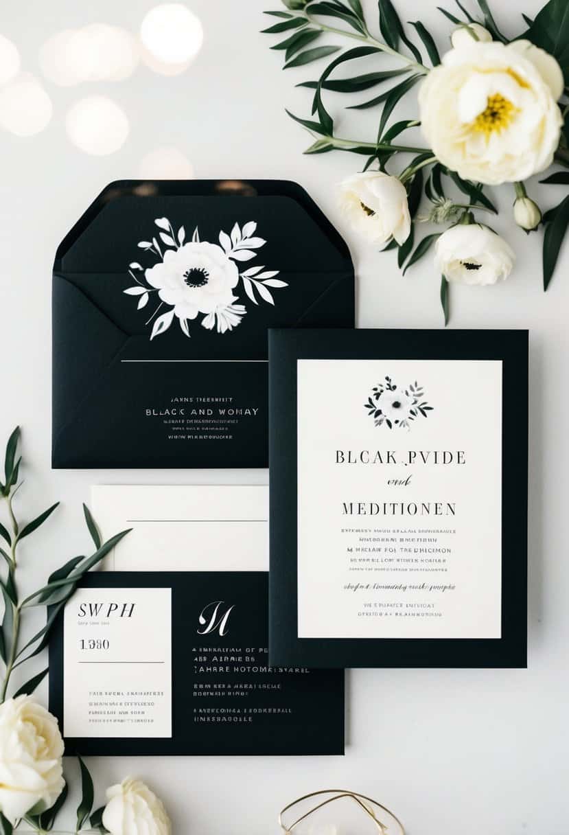 A black and white wedding invitation suite with elegant floral motifs and minimalist design