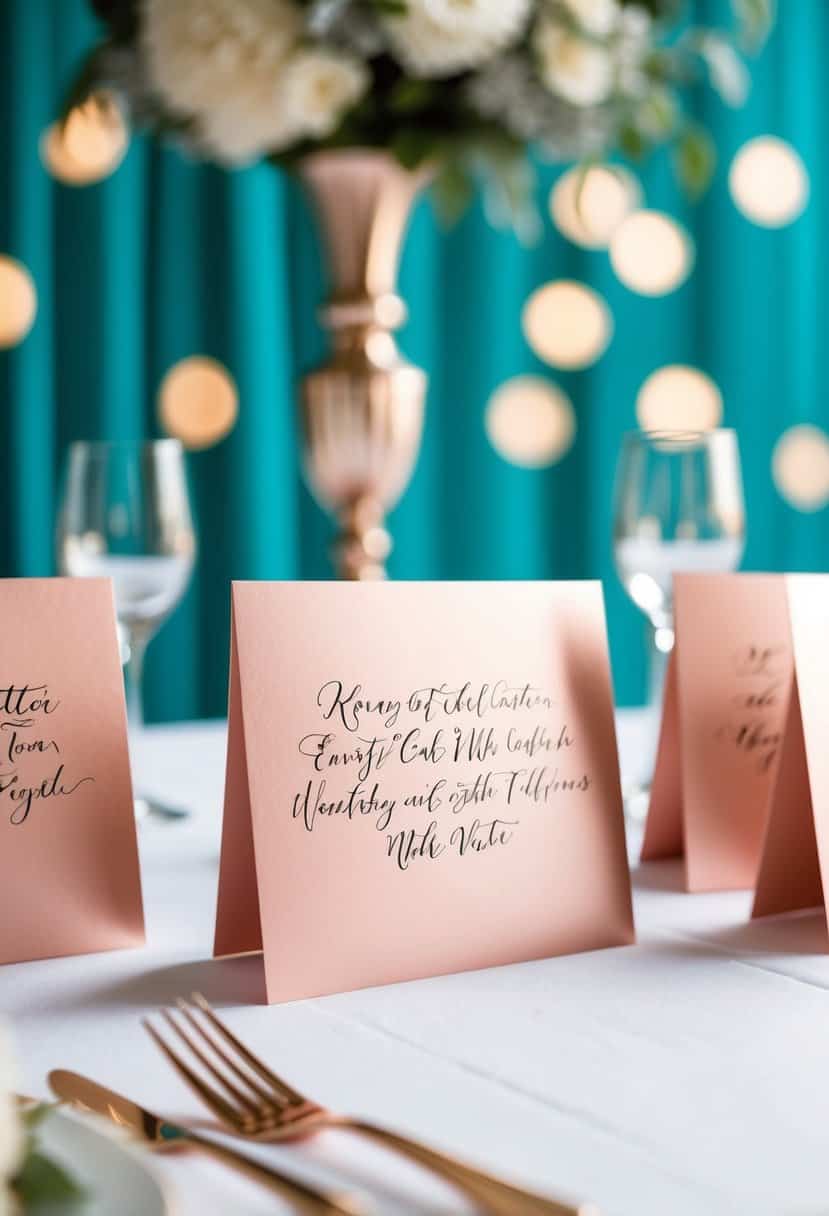 A table adorned with rose gold handwritten escort cards against a backdrop of teal wedding decor