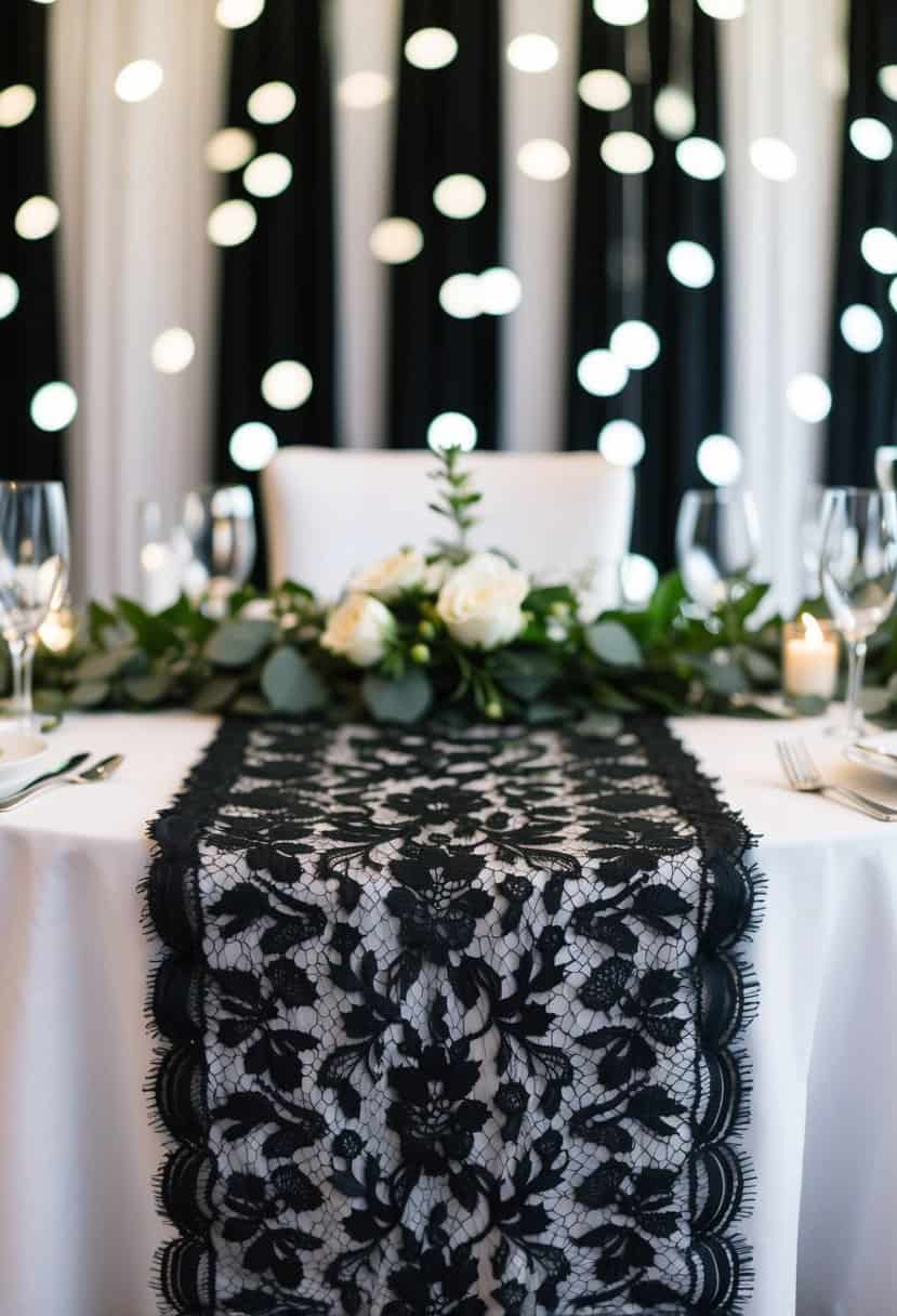 A black lace table runner lays across a white table, contrasting with the backdrop of black and white wedding decor