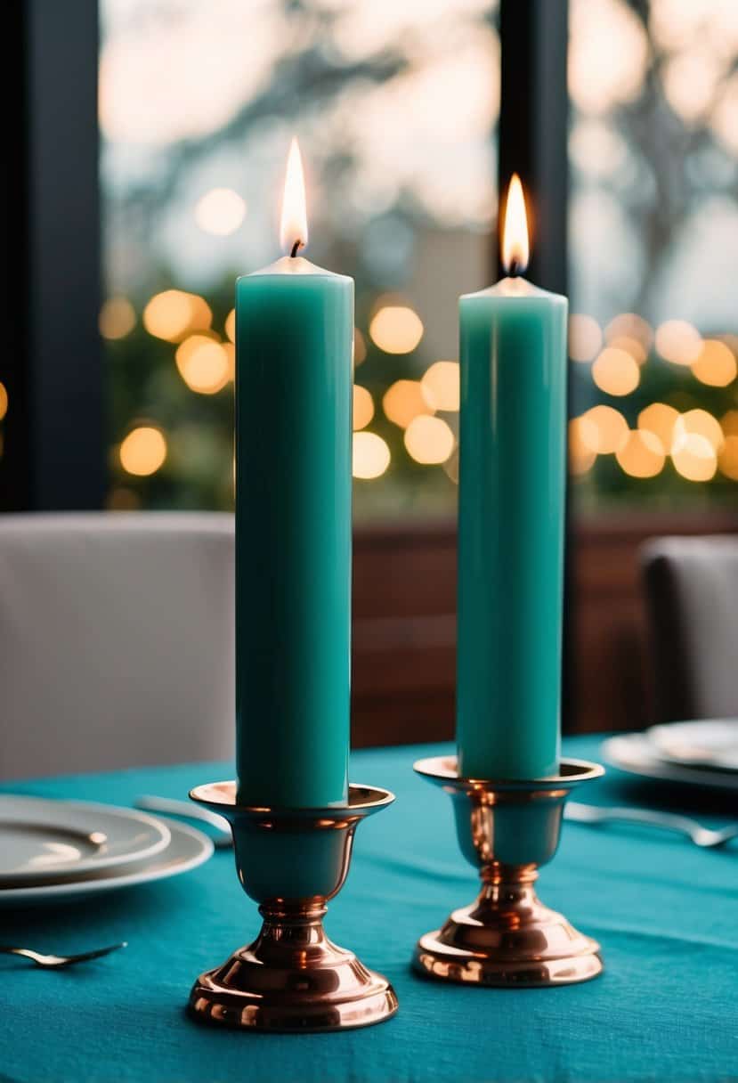 Two teal taper candles in rose gold holders on a teal tablecloth