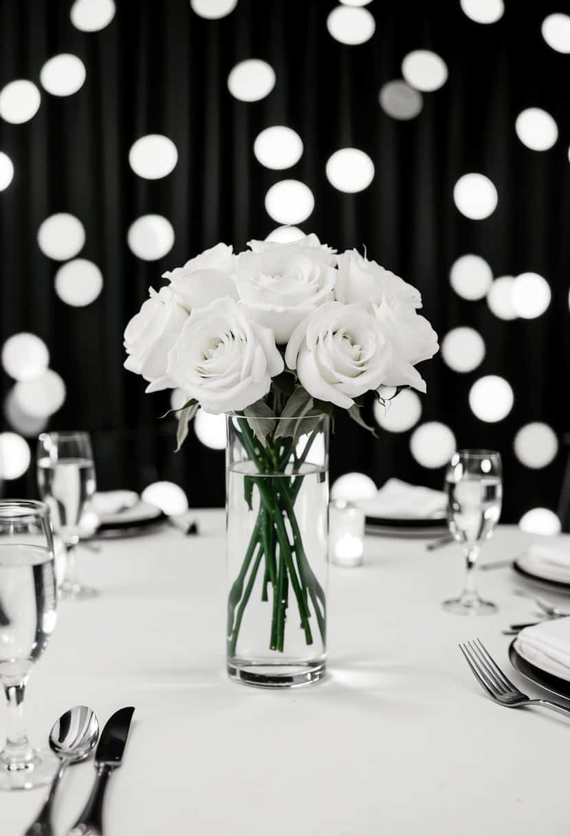 A table set with white rose centerpieces against a black and white backdrop