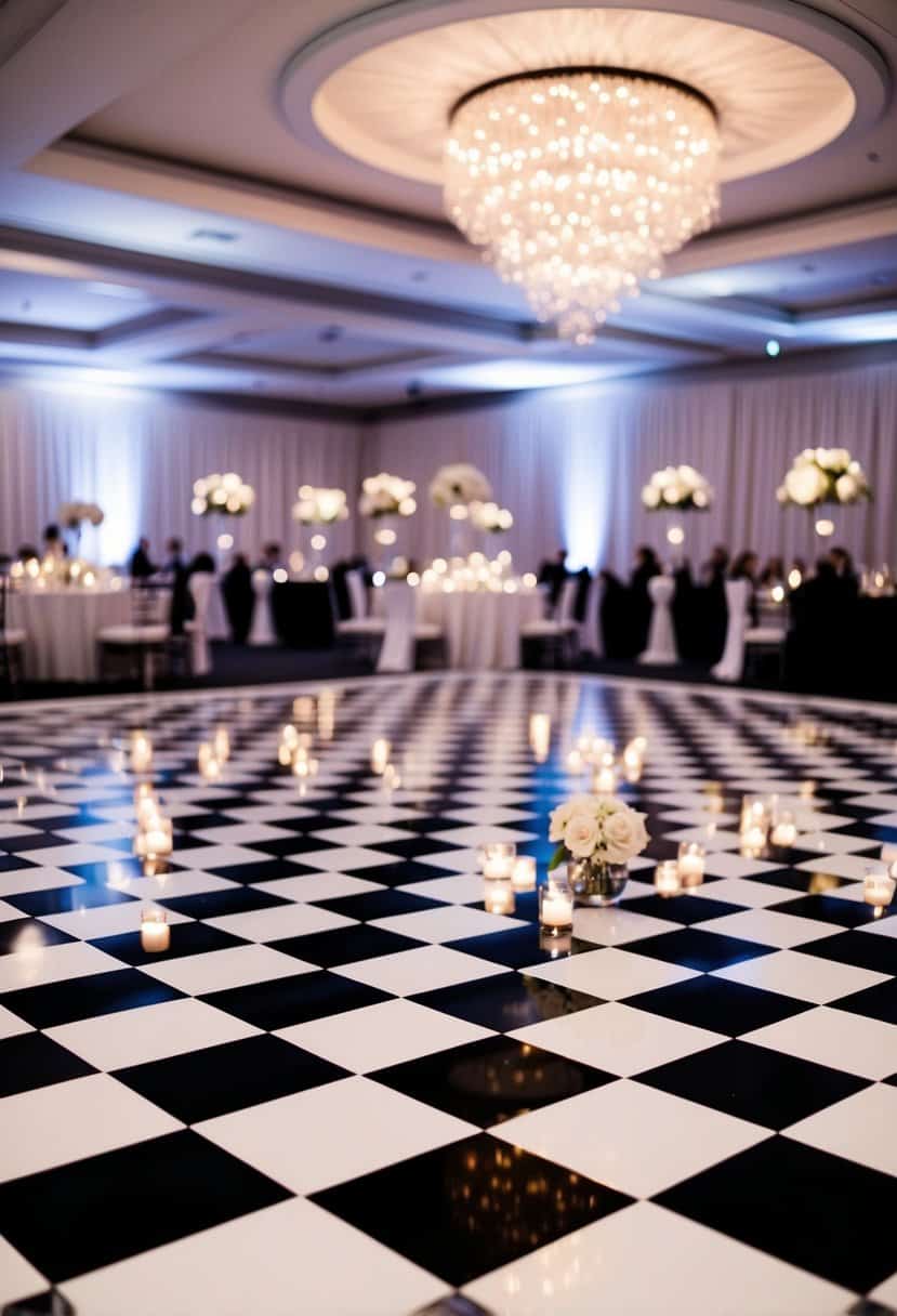 A checkered dance floor at a black and white wedding, with elegant decorations and soft lighting creating a romantic and timeless atmosphere