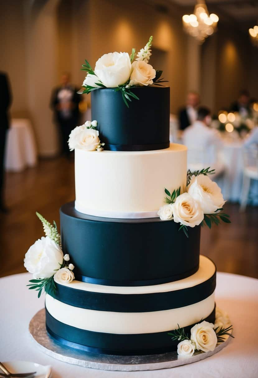 A three-tiered wedding cake with alternating black and white layers, adorned with elegant floral decorations