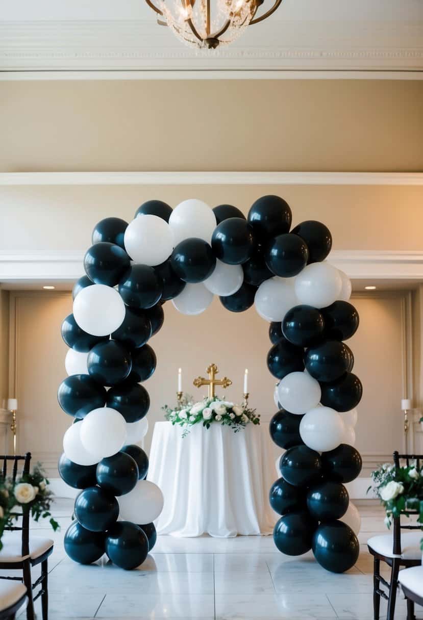A black and white balloon arch frames a wedding altar
