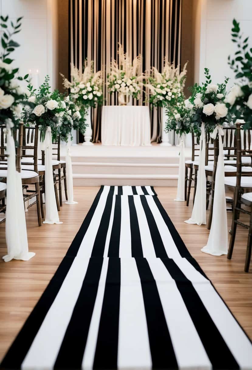 A black and white striped wedding aisle runner leading towards an elegant altar adorned with matching decor and floral arrangements