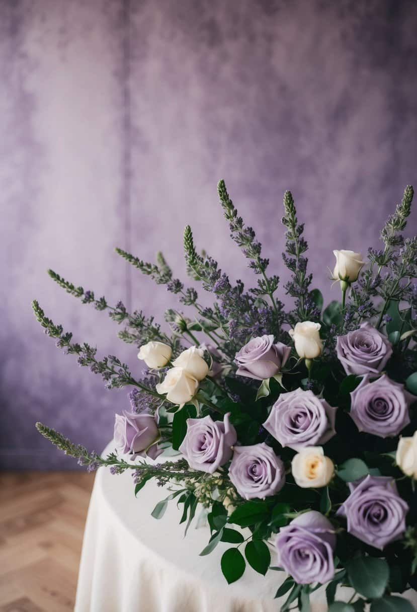 A table adorned with lavender rose bouquets, set against a dusty purple backdrop, evoking a serene and elegant wedding ambiance