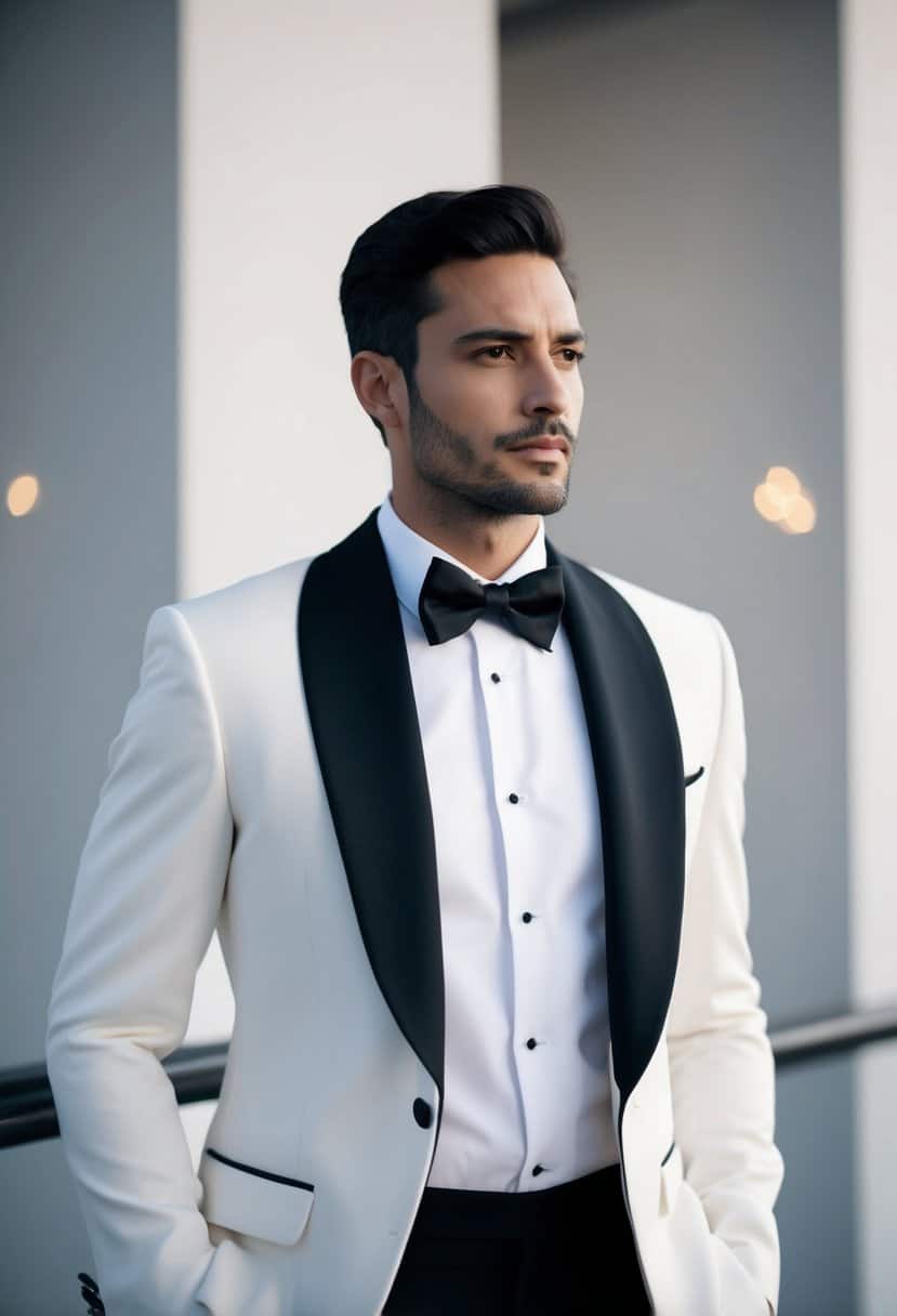 A sleek black and white tuxedo jacket and pants, paired with a crisp white dress shirt and black bow tie, set against a minimalist background