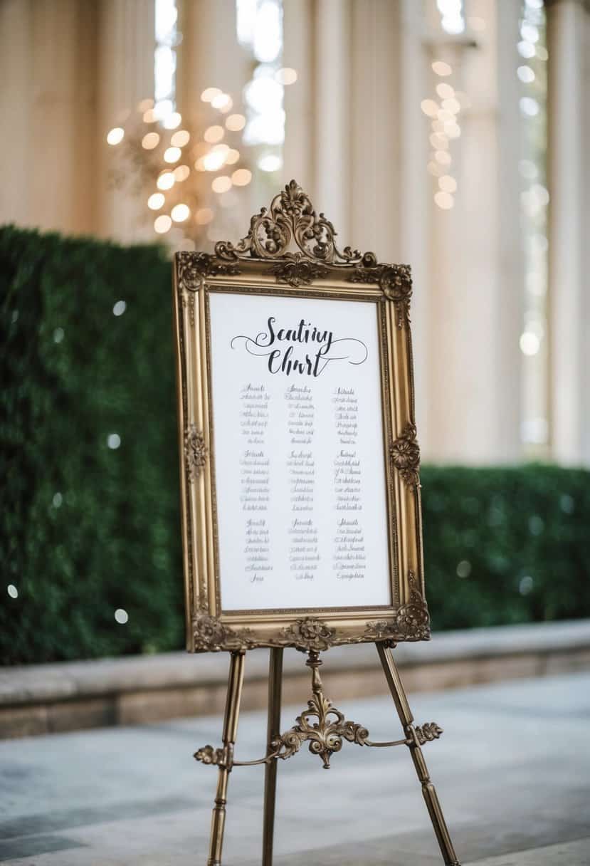 An elegant black and white calligraphy seating chart displayed on a vintage ornate easel