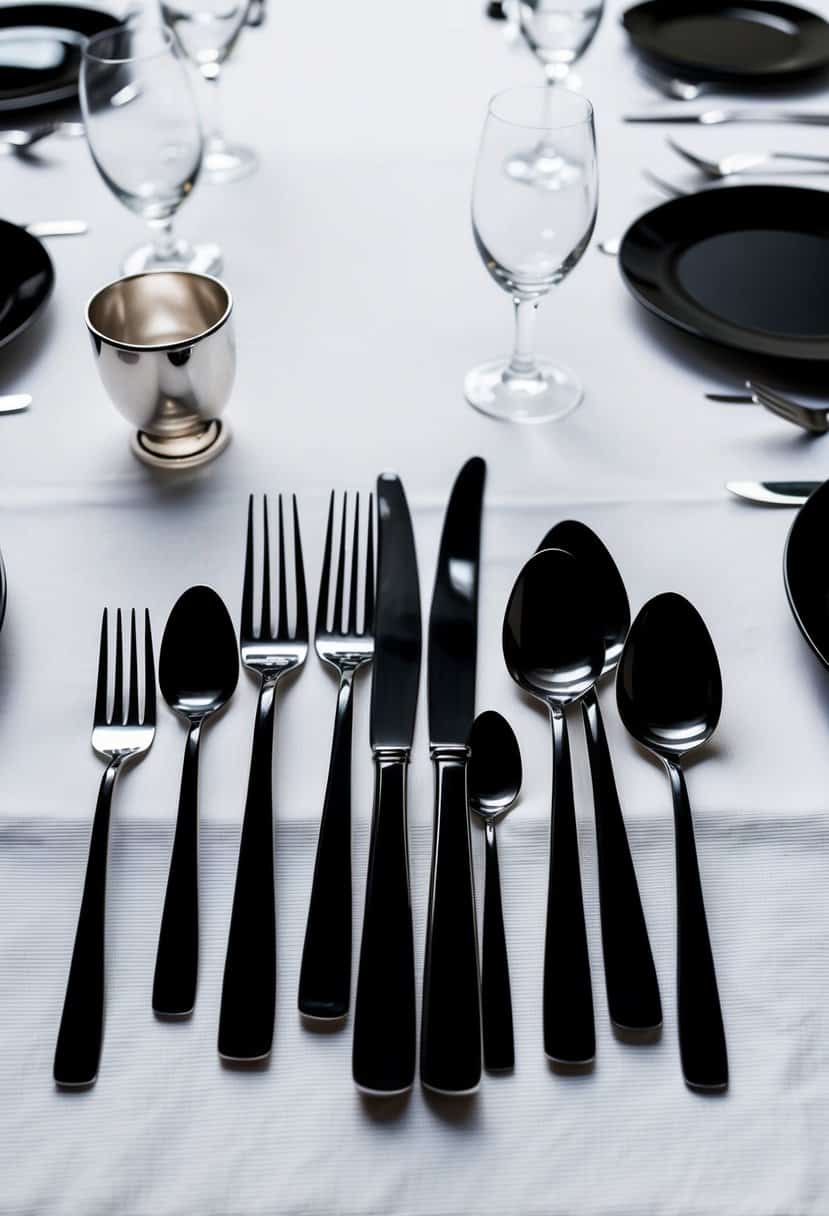 Elegant black and silver silverware arranged on a white tablecloth with black accents