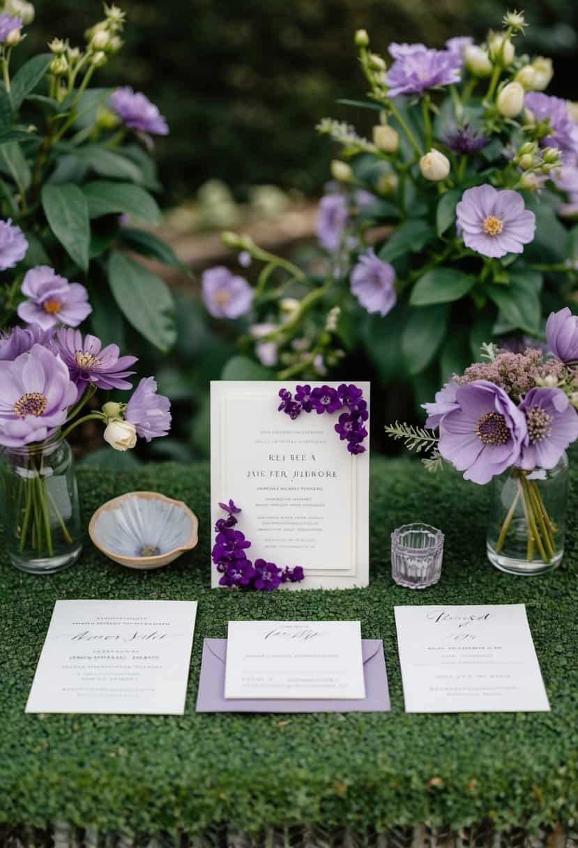 A serene garden setting with amethyst flowers and dusty purple accents, showcasing elegant wedding invitations