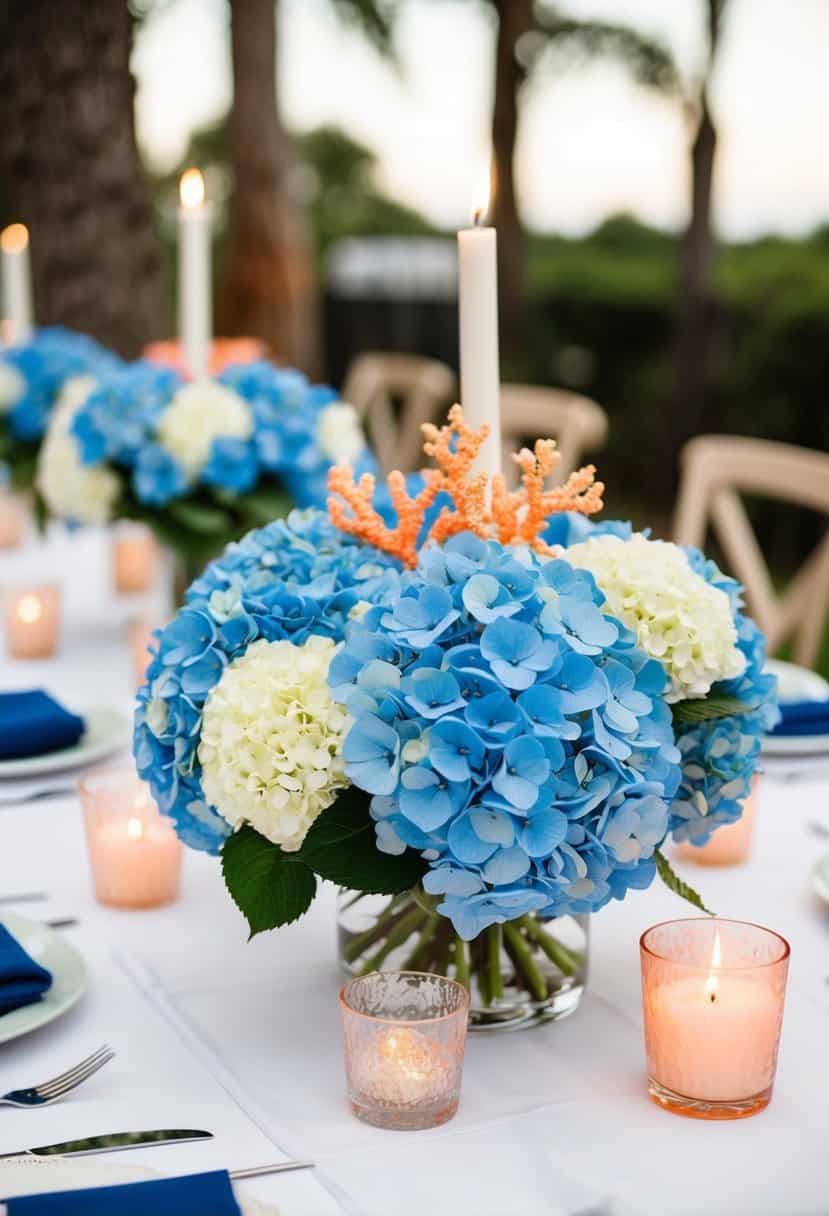 A table adorned with blue hydrangea bouquets and coral accents, set for a wedding celebration