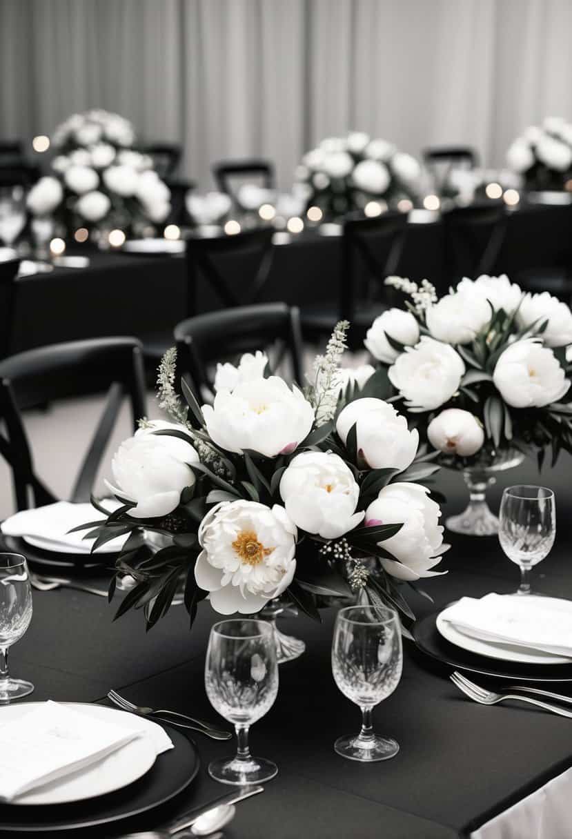 A black and white wedding table adorned with elegant white peony bouquets