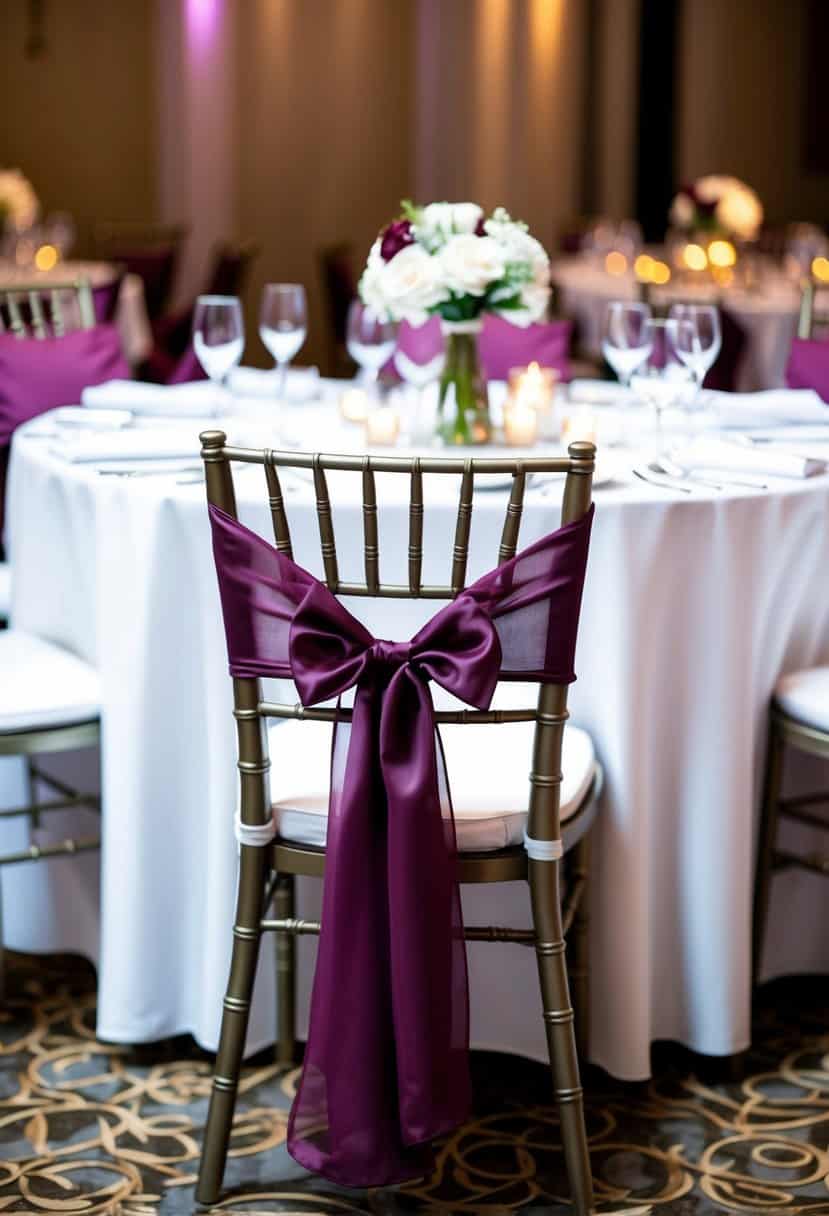 A table set for a wedding reception, with mauve chair sashes tied in elegant bows on each chair