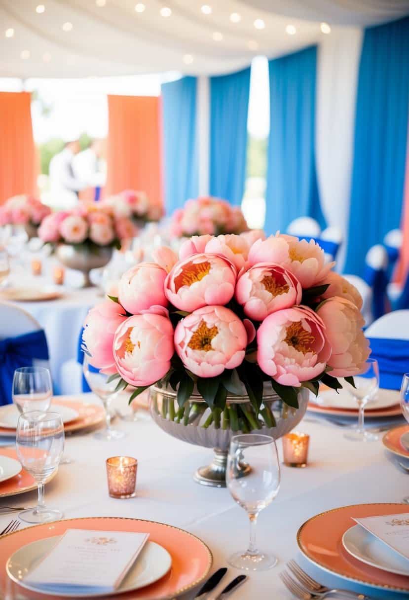 A table adorned with coral peony centerpieces, surrounded by blue and coral wedding decor