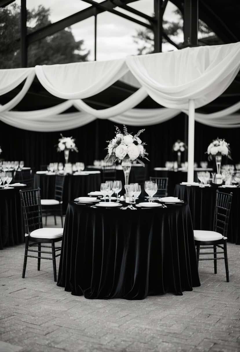 Black velvet tablecloths draped over tables at a black and white wedding