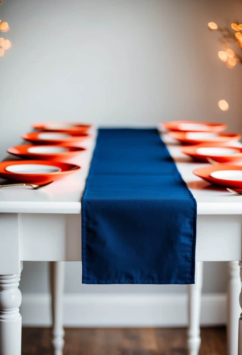 A navy blue table runner with coral accents on a white table