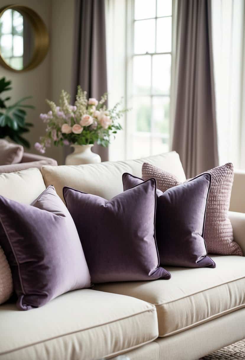 Dusty purple accent pillows arranged on a cream-colored sofa in a cozy living room