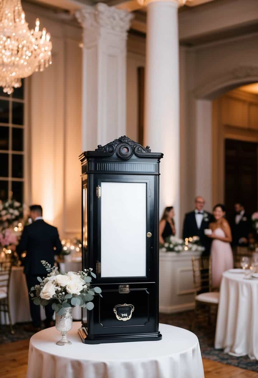 A vintage-style black and white photo booth at a wedding reception with elegant decor and a romantic atmosphere
