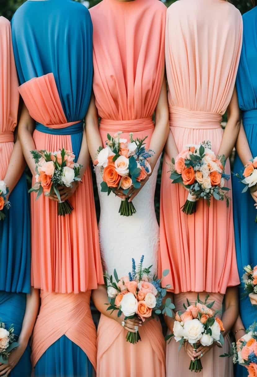A group of bridesmaid dresses in shades of salmon coral and blue, arranged in a wedding color scheme