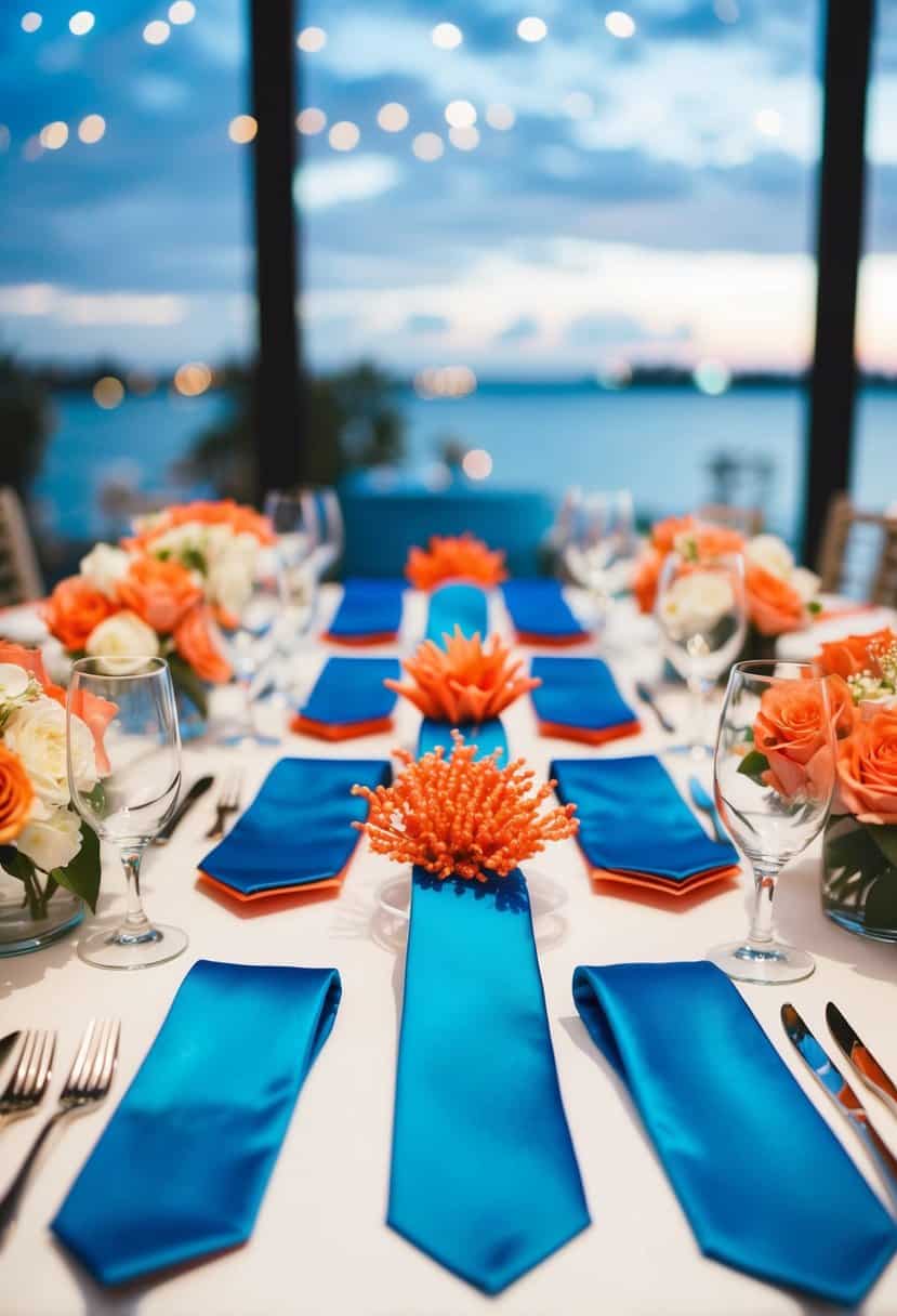 Azure blue ties and coral accents on a wedding table with floral arrangements