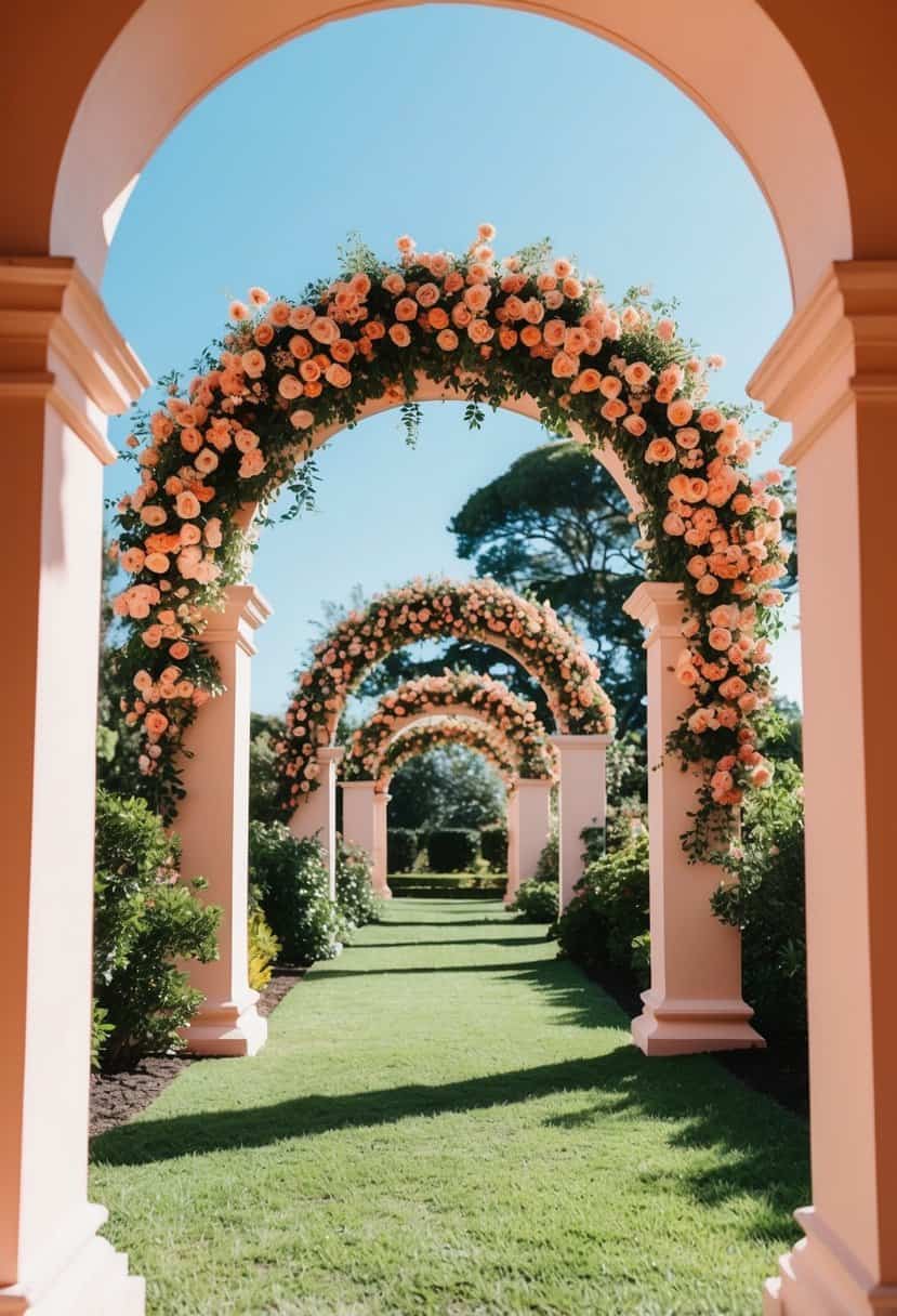 A lush garden with peach and coral floral arches under a clear blue sky