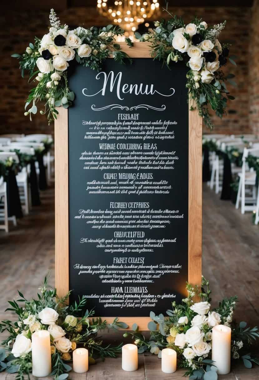 A chalkboard menu sign with elegant black and white wedding ideas, surrounded by floral arrangements and candles