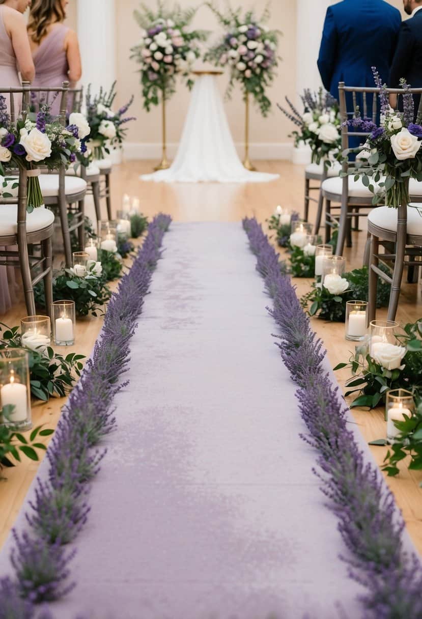 A dusty purple aisle runner lined with lavender, leading to an elegant wedding altar adorned with matching floral arrangements