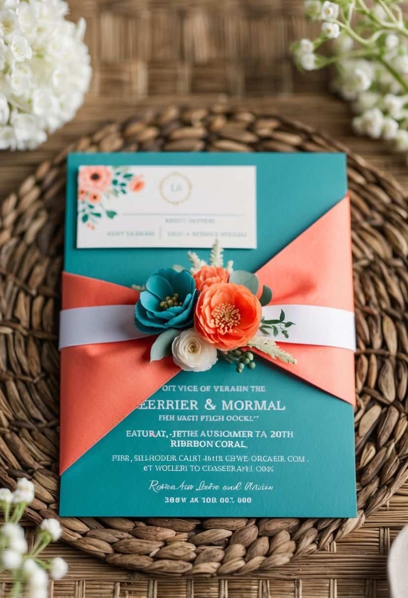 A teal and coral wedding invitation with coordinating floral and ribbon accents