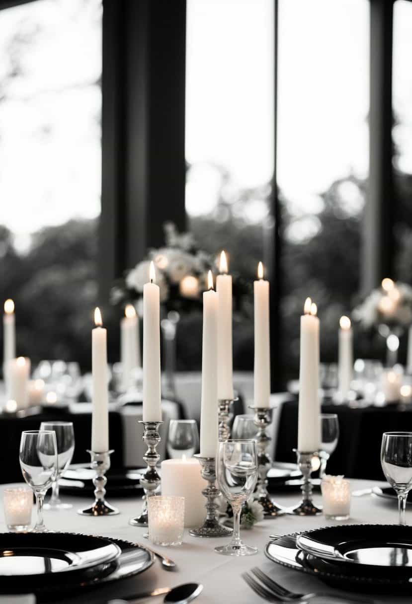 A table adorned with classic white candles in a black and white wedding setting