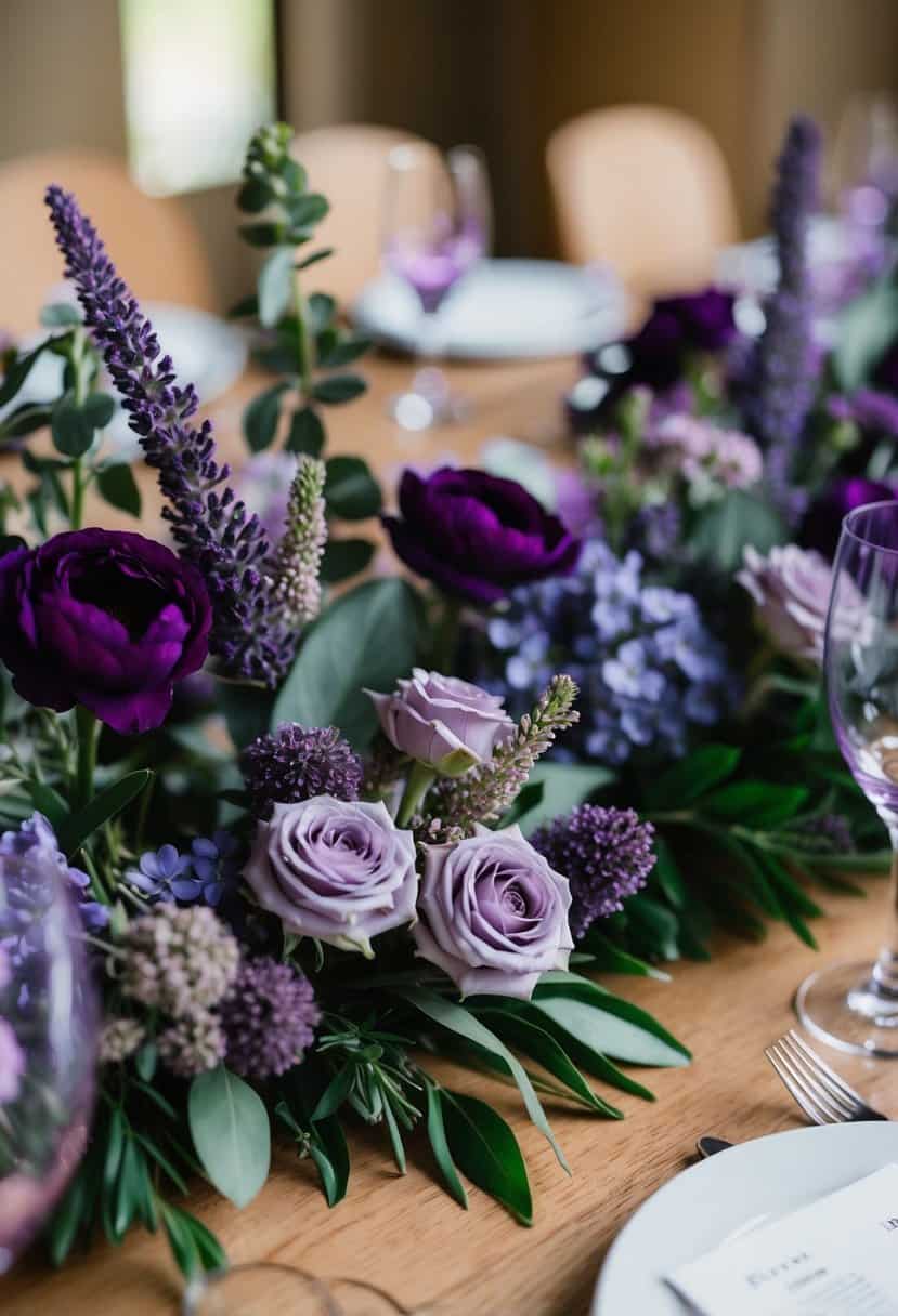 A table adorned with dusty purple boutonnieres, surrounded by lavender and plum-colored floral arrangements
