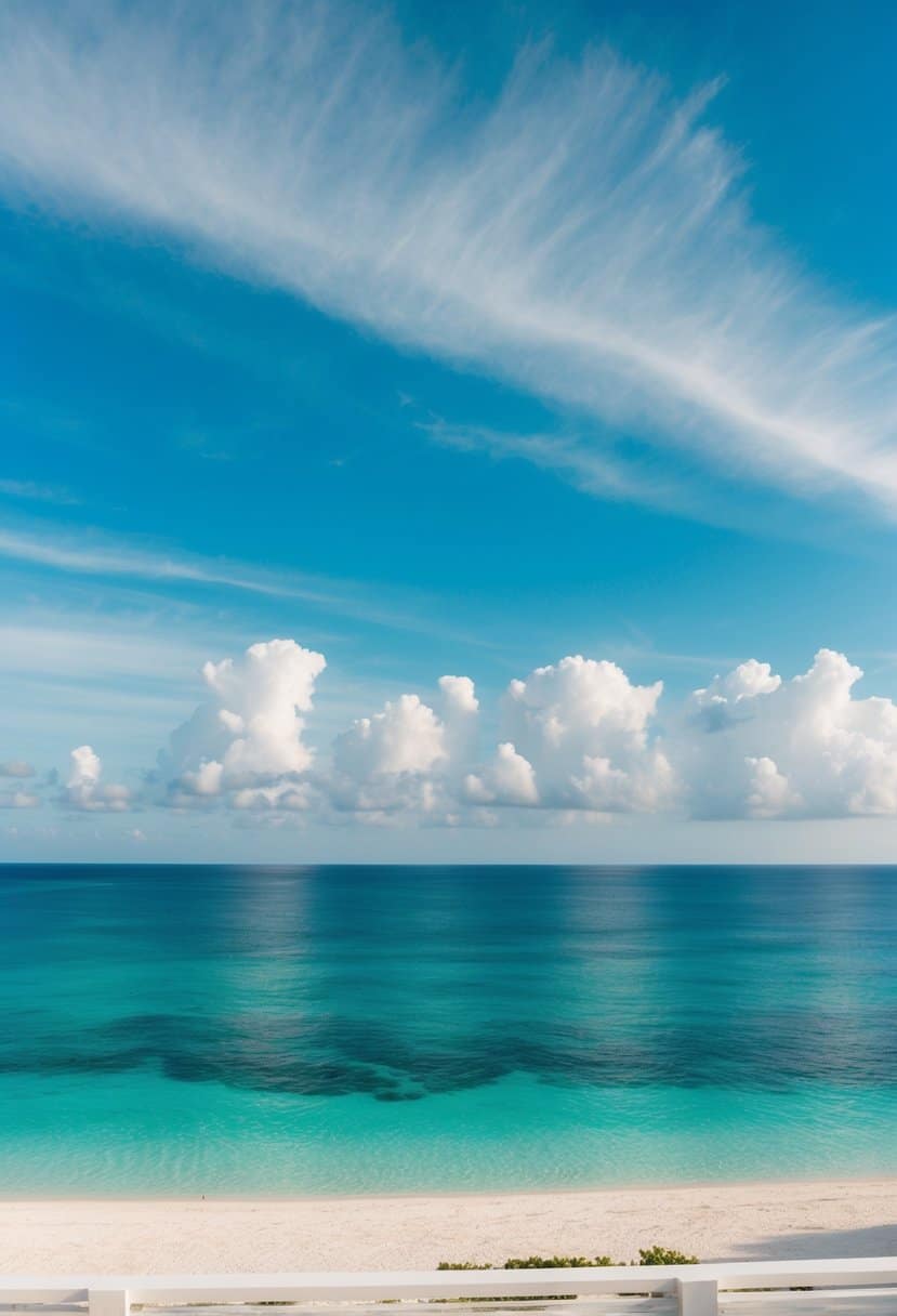 A serene blue sky with wispy clouds, overlooking a tranquil ocean with coral reefs and a soft sandy beach