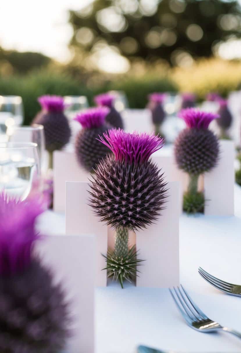 Dusty purple thistle place cards arranged on a table for a wedding event