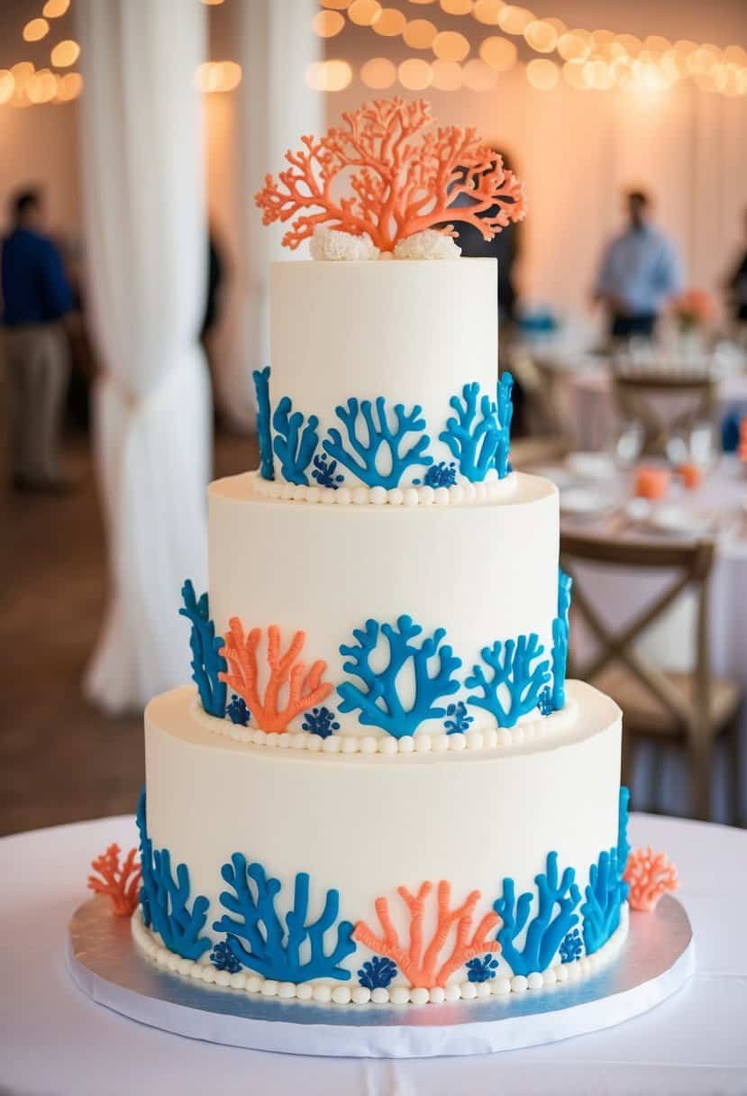 A three-tiered wedding cake adorned with blue and coral-colored coral reef decorations