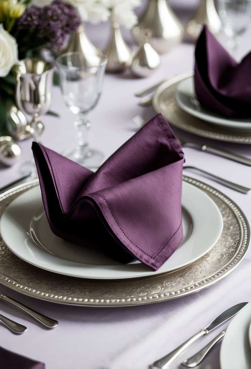 A table set with dusty purple aubergine napkins, surrounded by silver and white accents