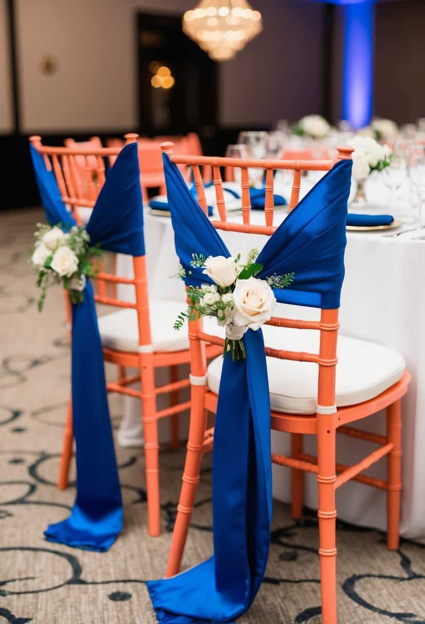 Sapphire blue chair sashes draped over coral-colored chair backs at a wedding reception