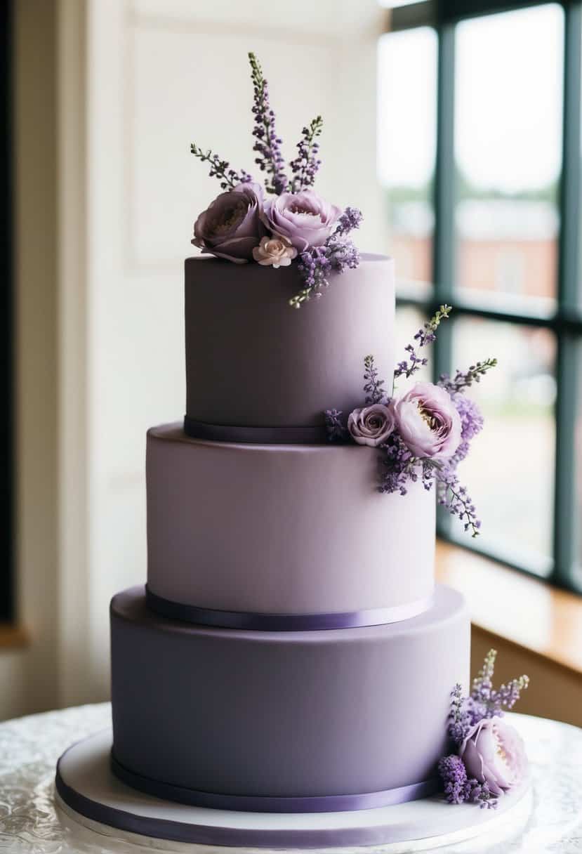 A three-tiered wedding cake in shades of dusty purple, adorned with lilac flowers and delicate icing details