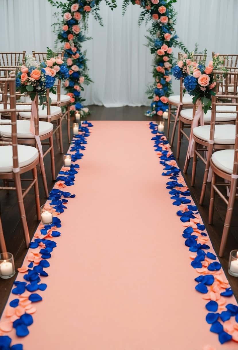 A blush coral aisle runner bordered by blue and coral flower petals, leading to an arch adorned with matching floral arrangements