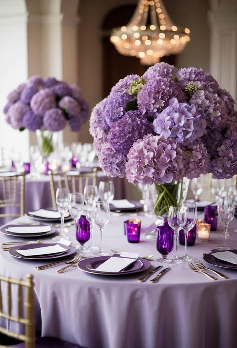 A table adorned with lush purple hydrangea arrangements, creating a dreamy and elegant atmosphere for a dusty purple-themed wedding