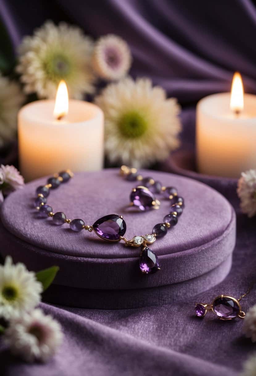 A smoky amethyst necklace and earrings on a dusty purple velvet background, surrounded by delicate flowers and shimmering candlelight
