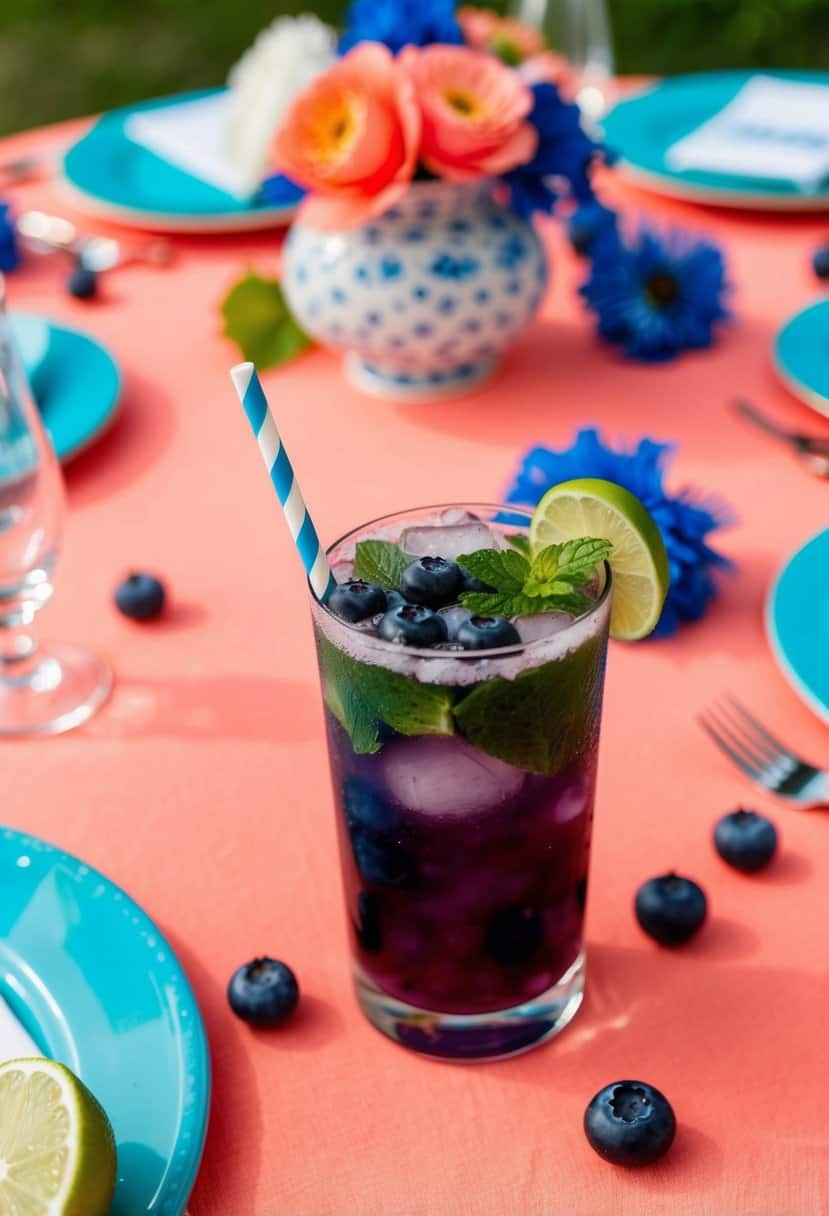 A refreshing blueberry mojito sits on a coral-colored table, surrounded by vibrant blue and coral wedding decor