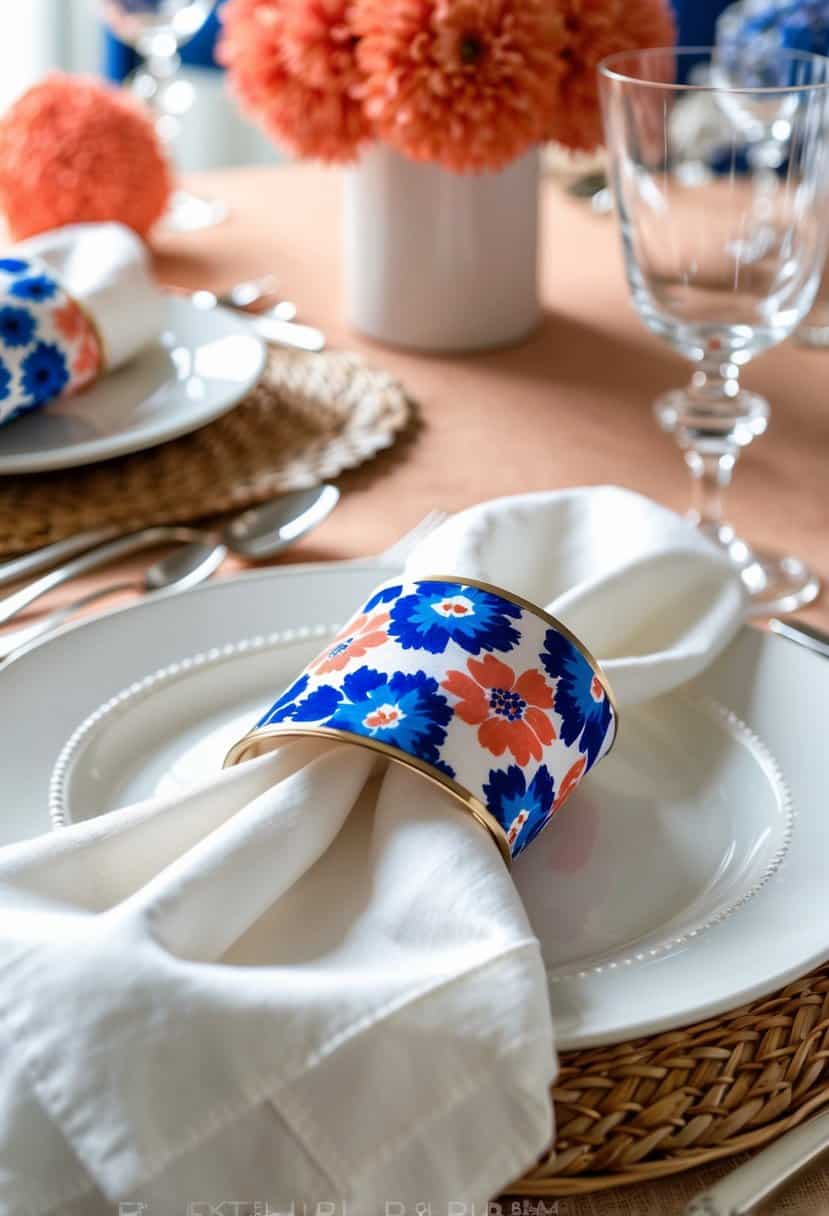 A table set with blue and coral floral napkin rings on white linens