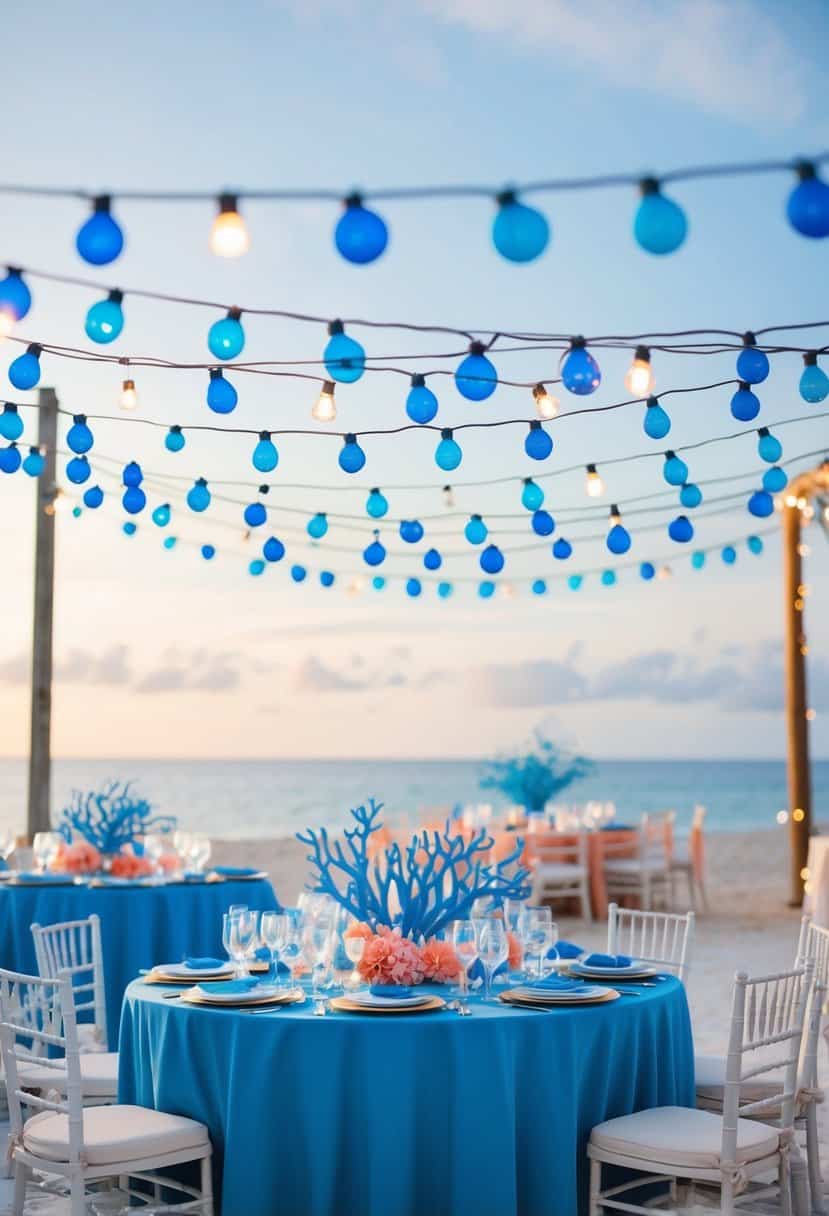 Ocean Blue String Lights hanging above a table adorned with blue and coral wedding decor, creating a romantic and enchanting atmosphere